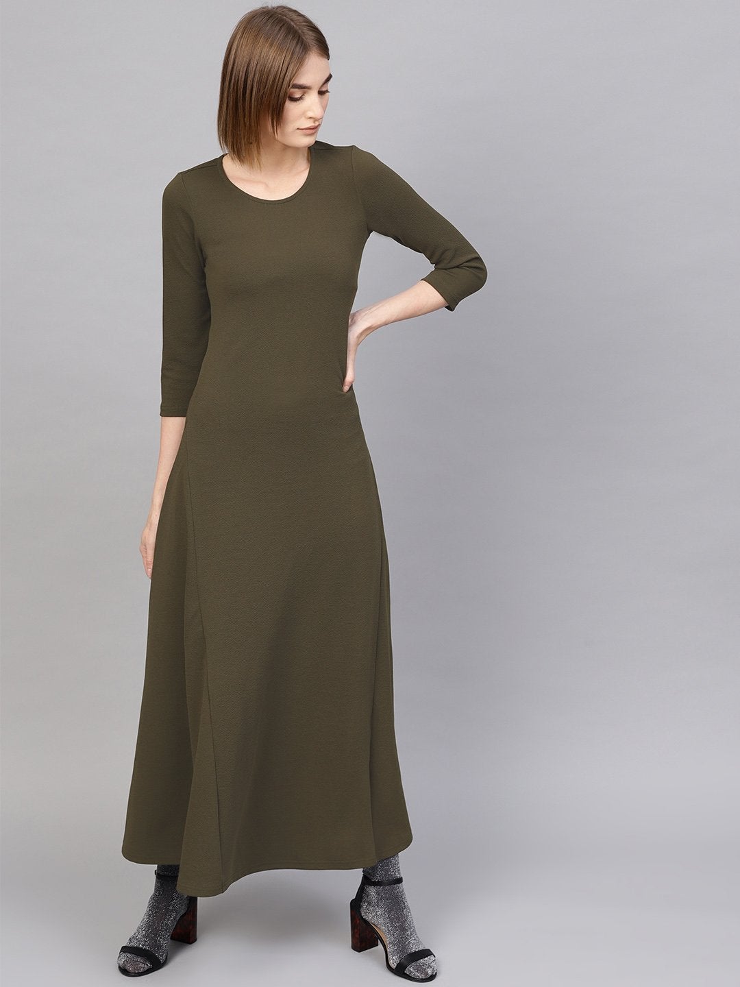 Women's Olive Round Neck Maxi Dress - SASSAFRAS