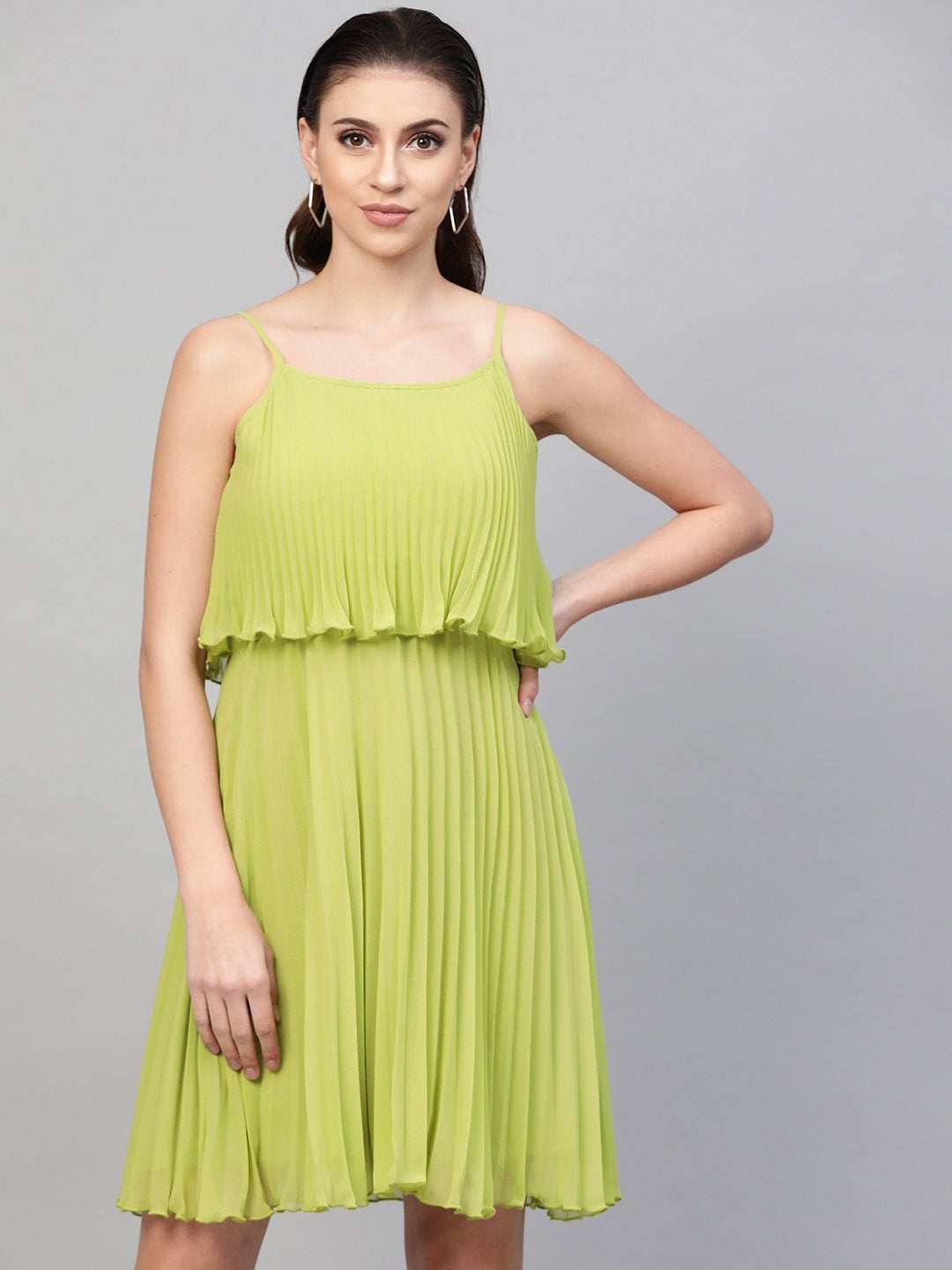 Women's Mint Green Pleated Short Strappy Skater Dress - SASSAFRAS