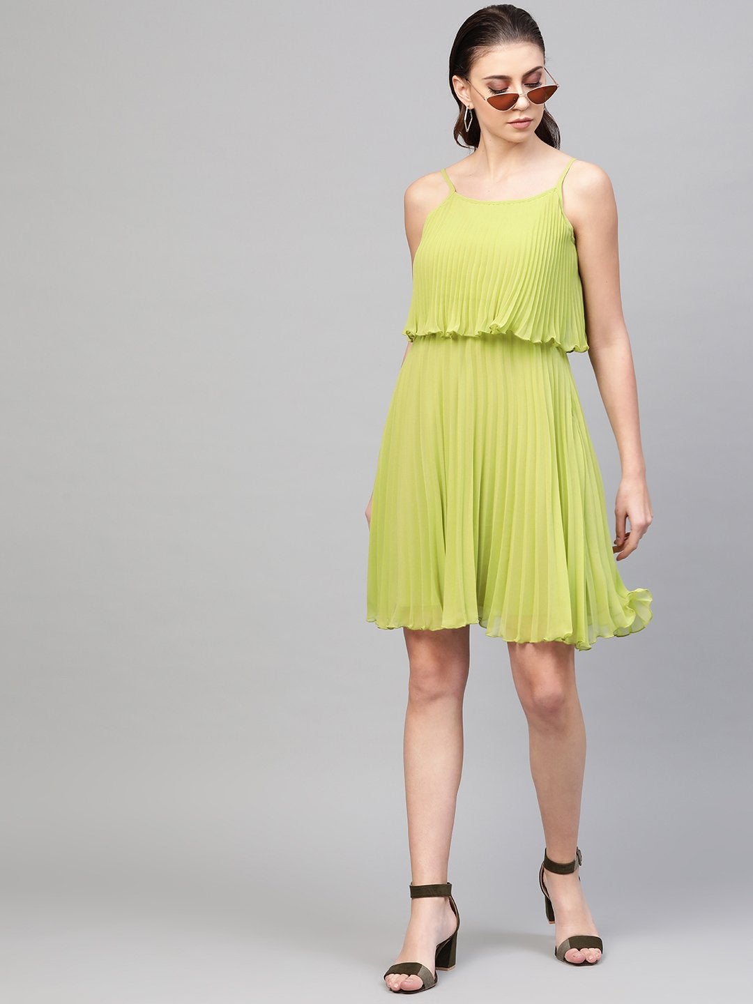 Women's Mint Green Pleated Short Strappy Skater Dress - SASSAFRAS