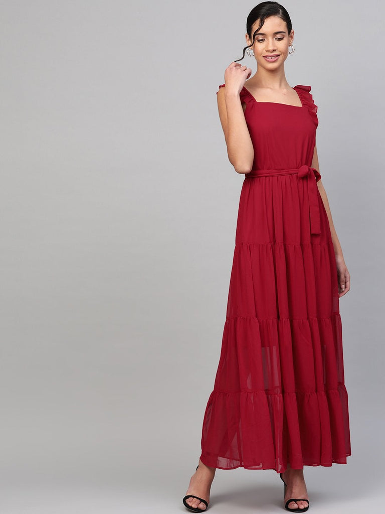 Women's Red Strappy Frill Tiered Maxi