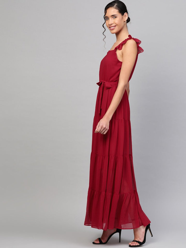Women's Red Strappy Frill Tiered Maxi