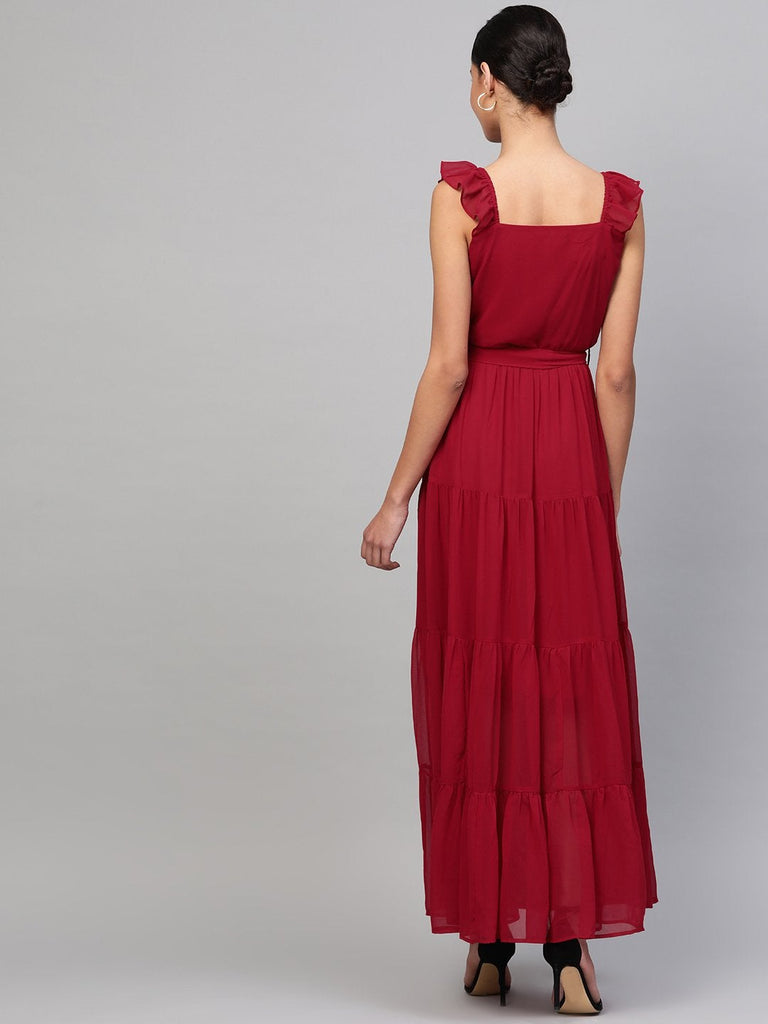 Women's Red Strappy Frill Tiered Maxi