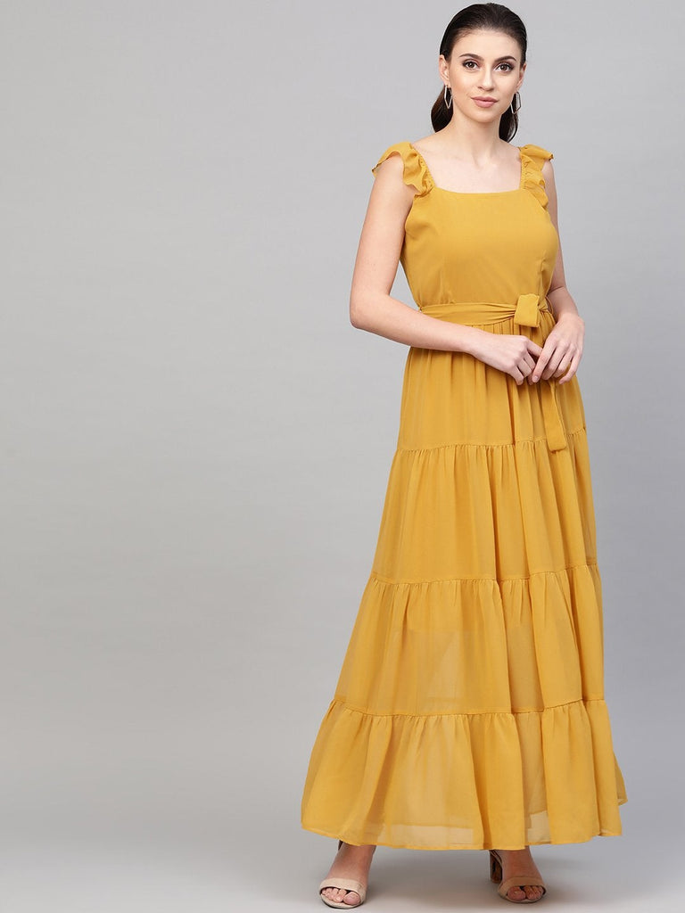 Women's Mustard Strappy Frill Tiered Maxi