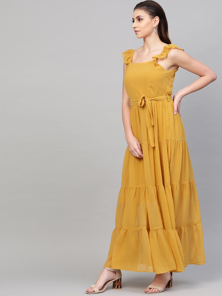 Women's Mustard Strappy Frill Tiered Maxi