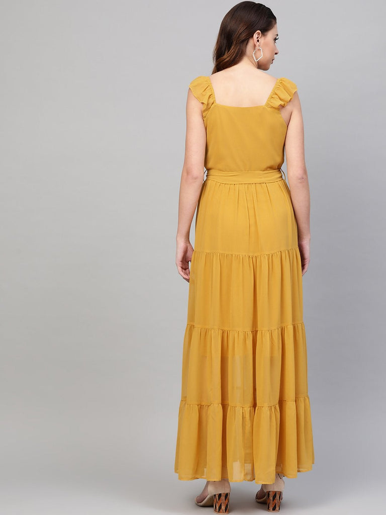 Women's Mustard Strappy Frill Tiered Maxi