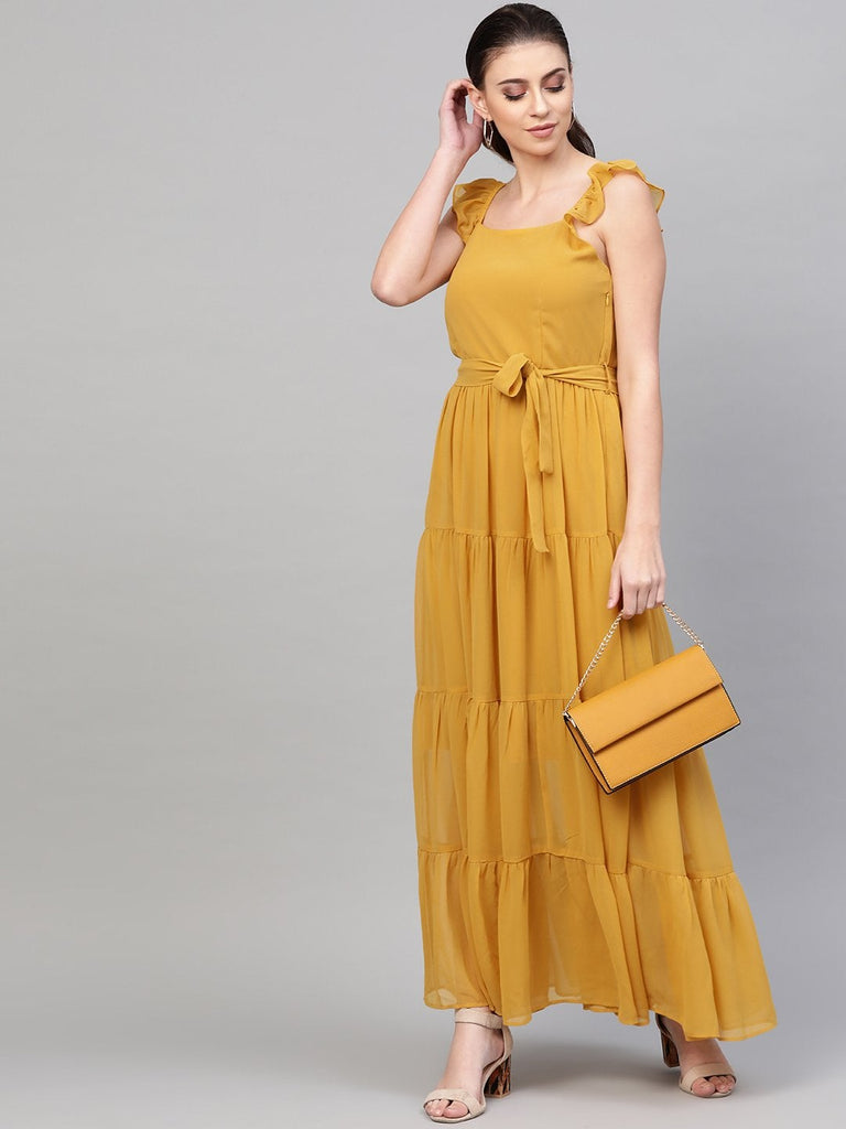 Women's Mustard Strappy Frill Tiered Maxi