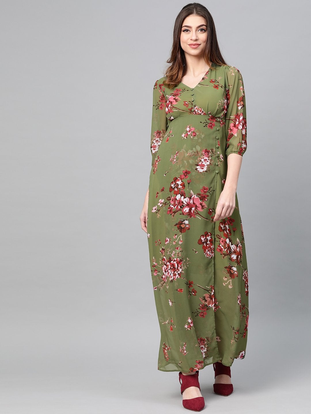 Women's Olive Floral V-Neck Floral Maxi Dress - SASSAFRAS