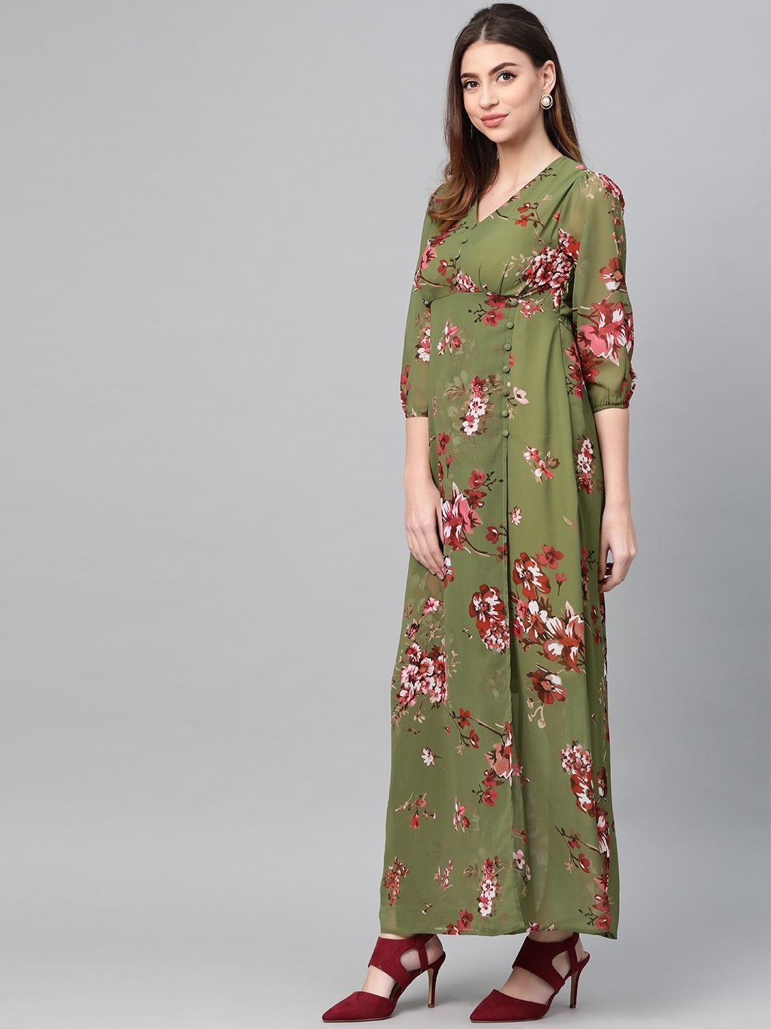 Women's Olive Floral V-Neck Floral Maxi Dress - SASSAFRAS