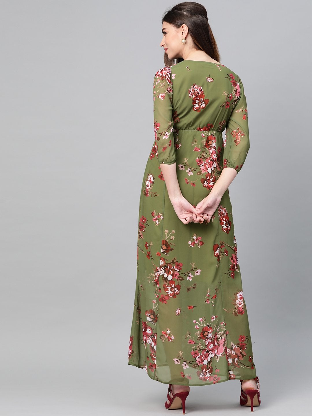 Women's Olive Floral V-Neck Floral Maxi Dress - SASSAFRAS