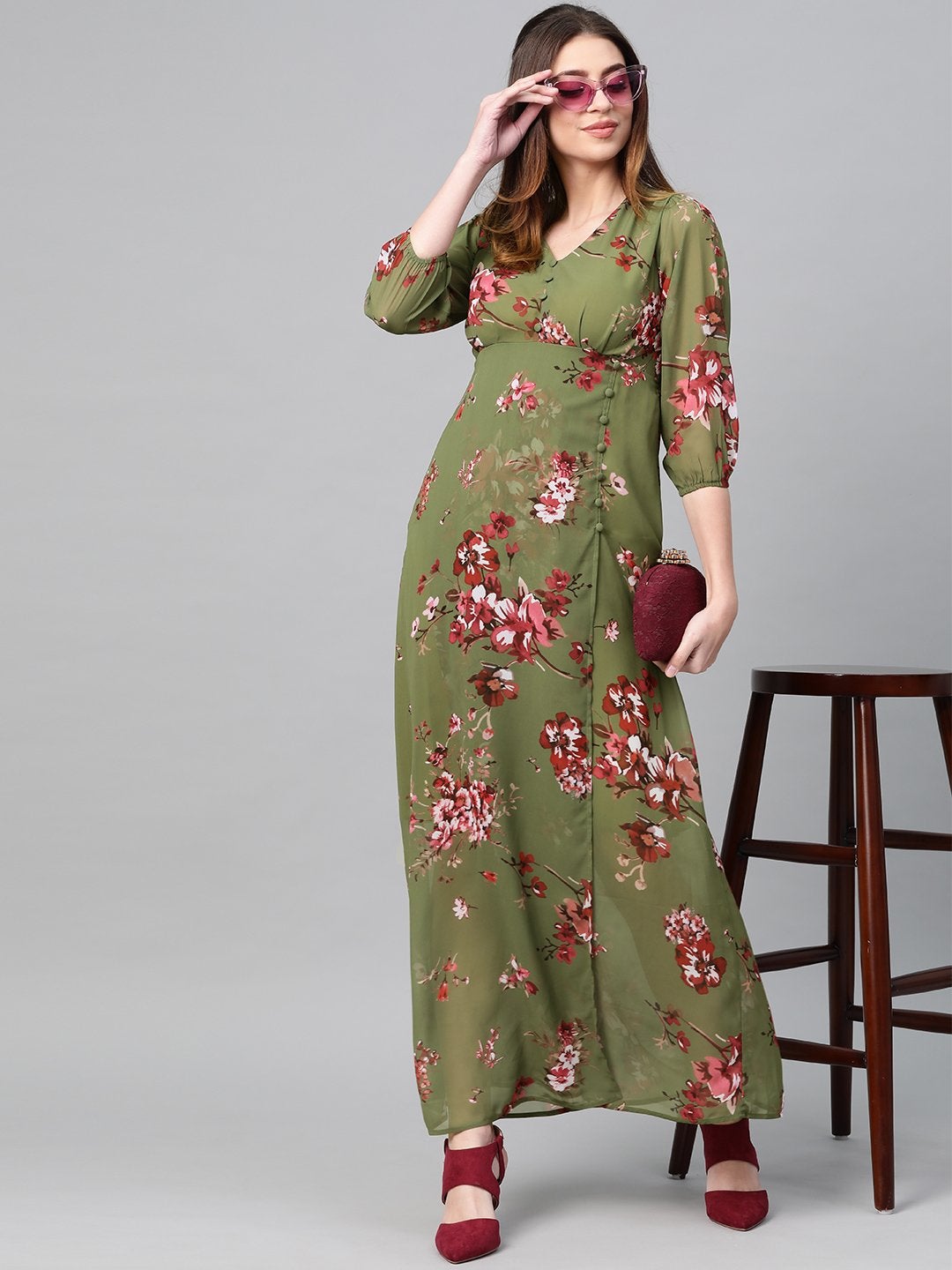 Women's Olive Floral V-Neck Floral Maxi Dress - SASSAFRAS