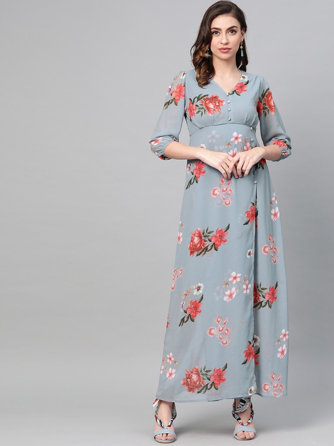 Women's Steel Blue Floral V-Neck Floral Maxi Dress - SASSAFRAS