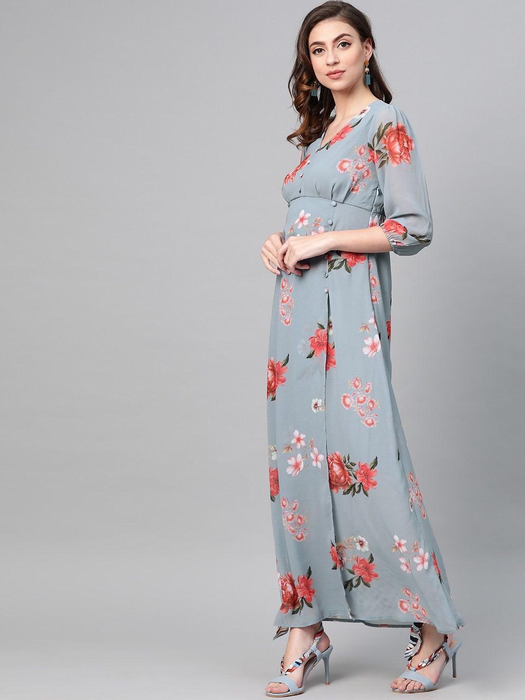 Women's Steel Blue Floral V-Neck Floral Maxi Dress - SASSAFRAS