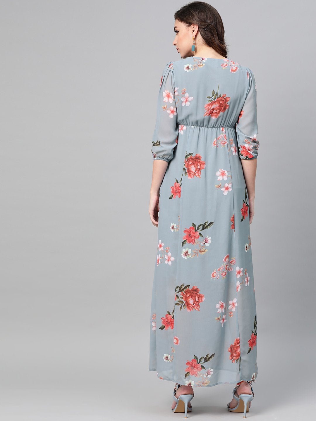 Women's Steel Blue Floral V-Neck Floral Maxi Dress - SASSAFRAS