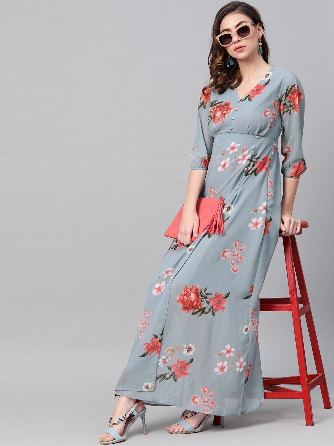 Women's Steel Blue Floral V-Neck Floral Maxi Dress - SASSAFRAS