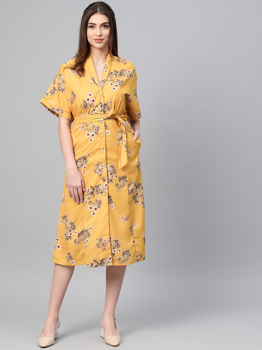 Women's Mustard Floral Shirt Dress - SASSAFRAS