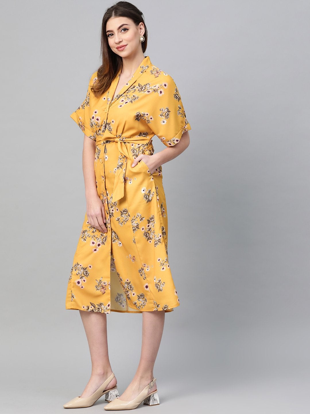 Women's Mustard Floral Shirt Dress - SASSAFRAS