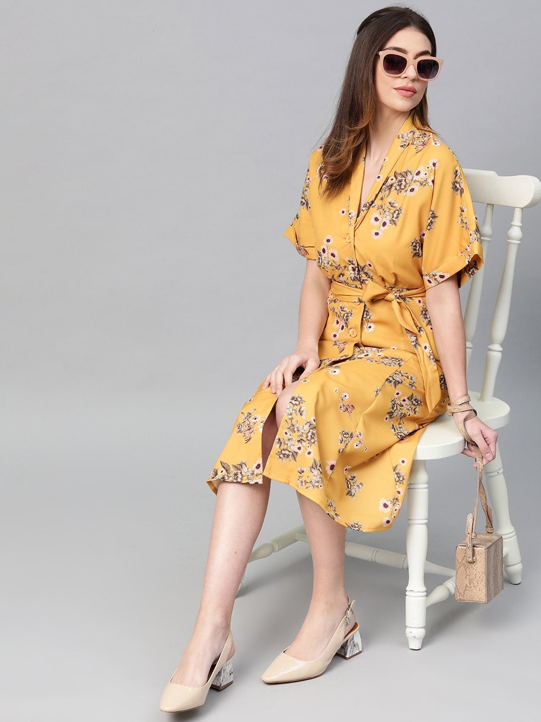 Women's Mustard Floral Shirt Dress - SASSAFRAS