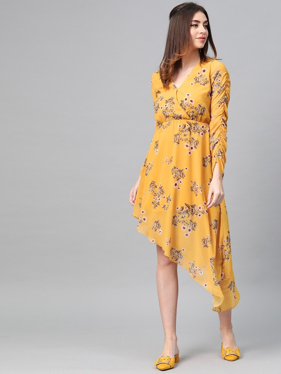 Women's Mustard Floral Wrap Asymmetric Dress - SASSAFRAS