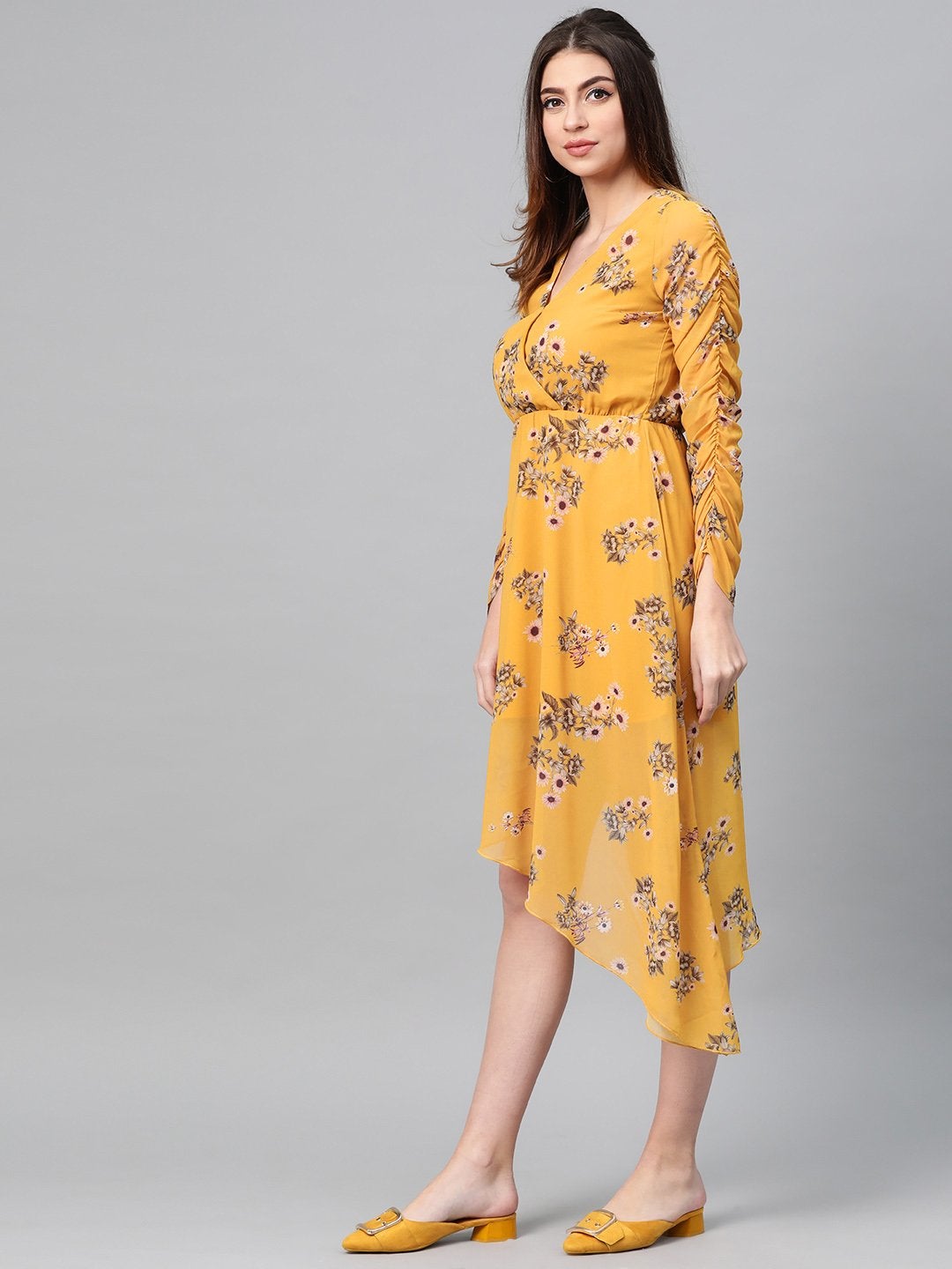 Women's Mustard Floral Wrap Asymmetric Dress - SASSAFRAS