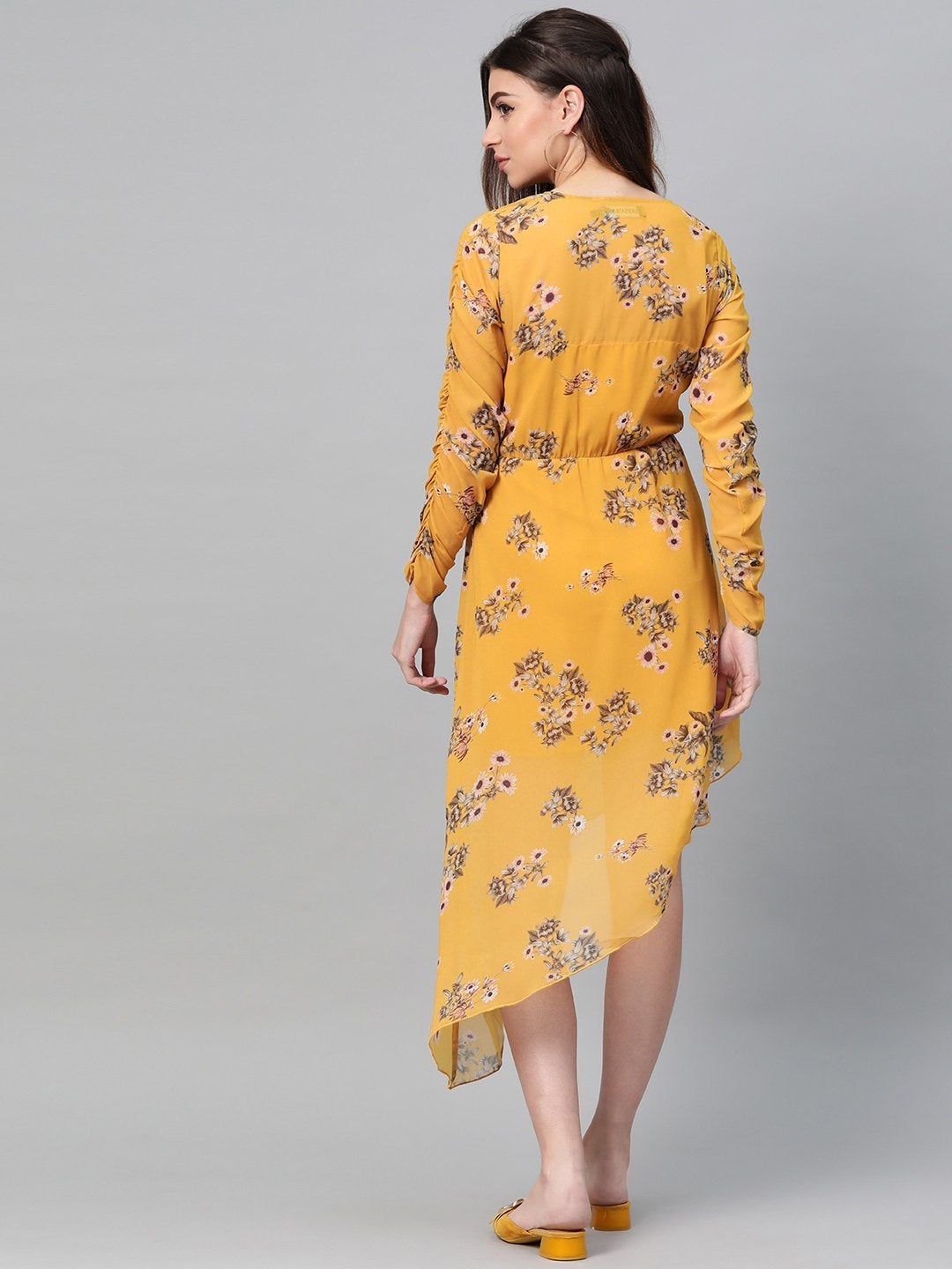 Women's Mustard Floral Wrap Asymmetric Dress - SASSAFRAS