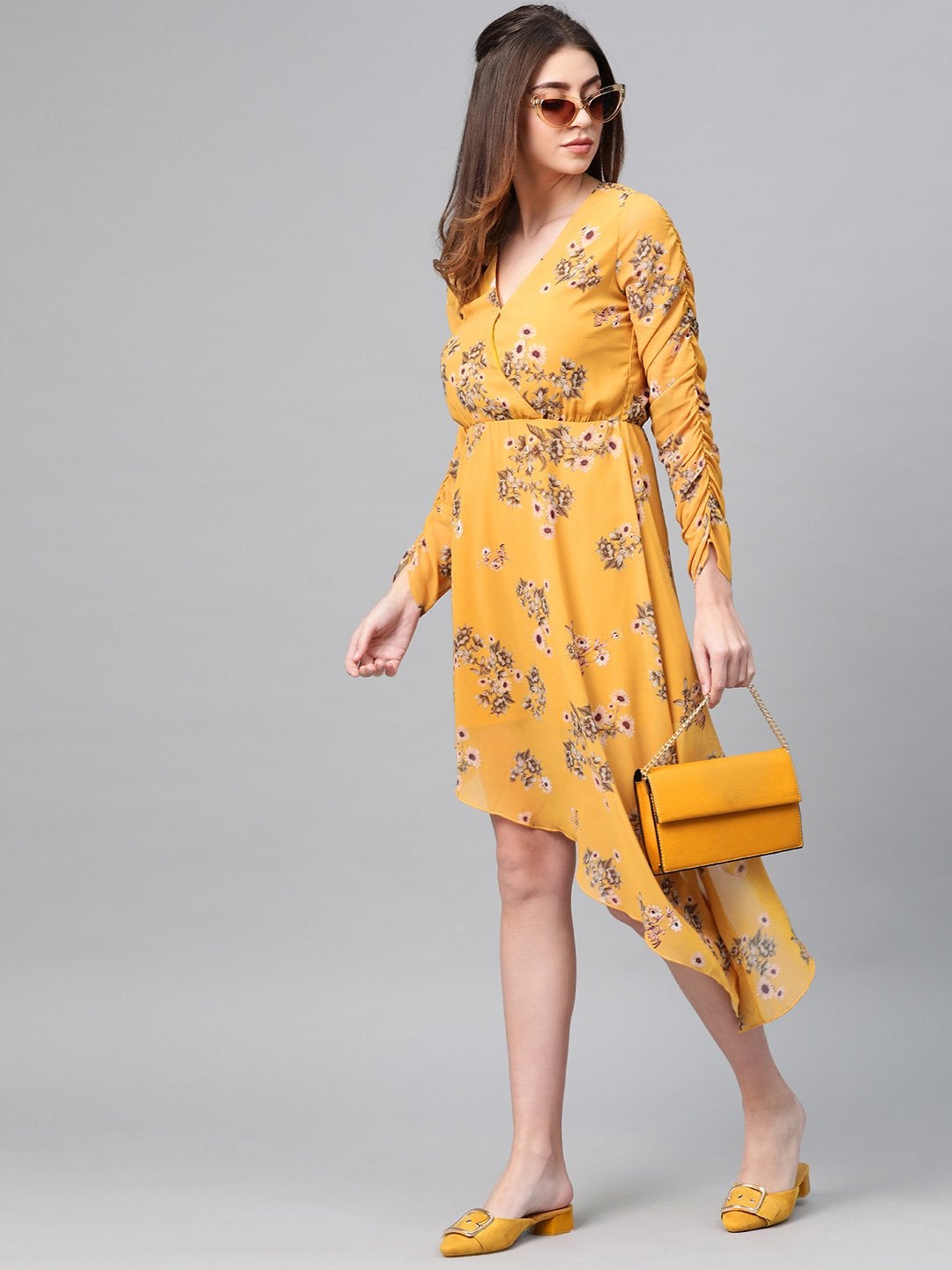 Women's Mustard Floral Wrap Asymmetric Dress - SASSAFRAS