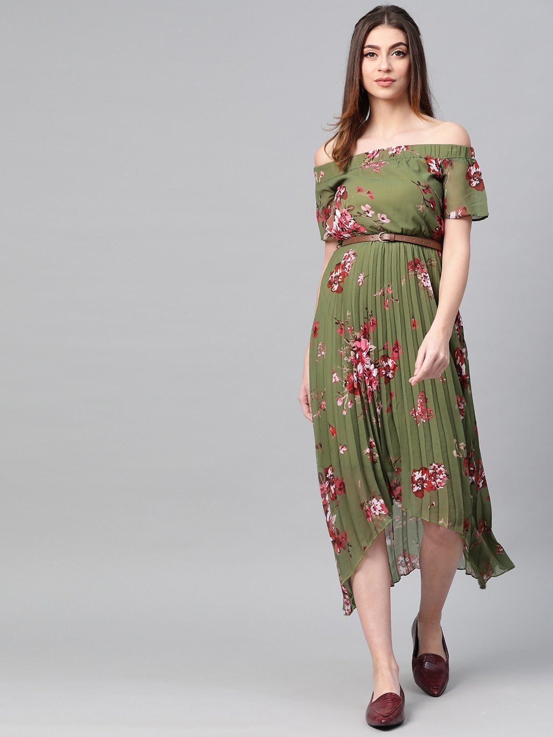 Women's Olive Floral Off Shoulder High Low Pleated Dress - SASSAFRAS