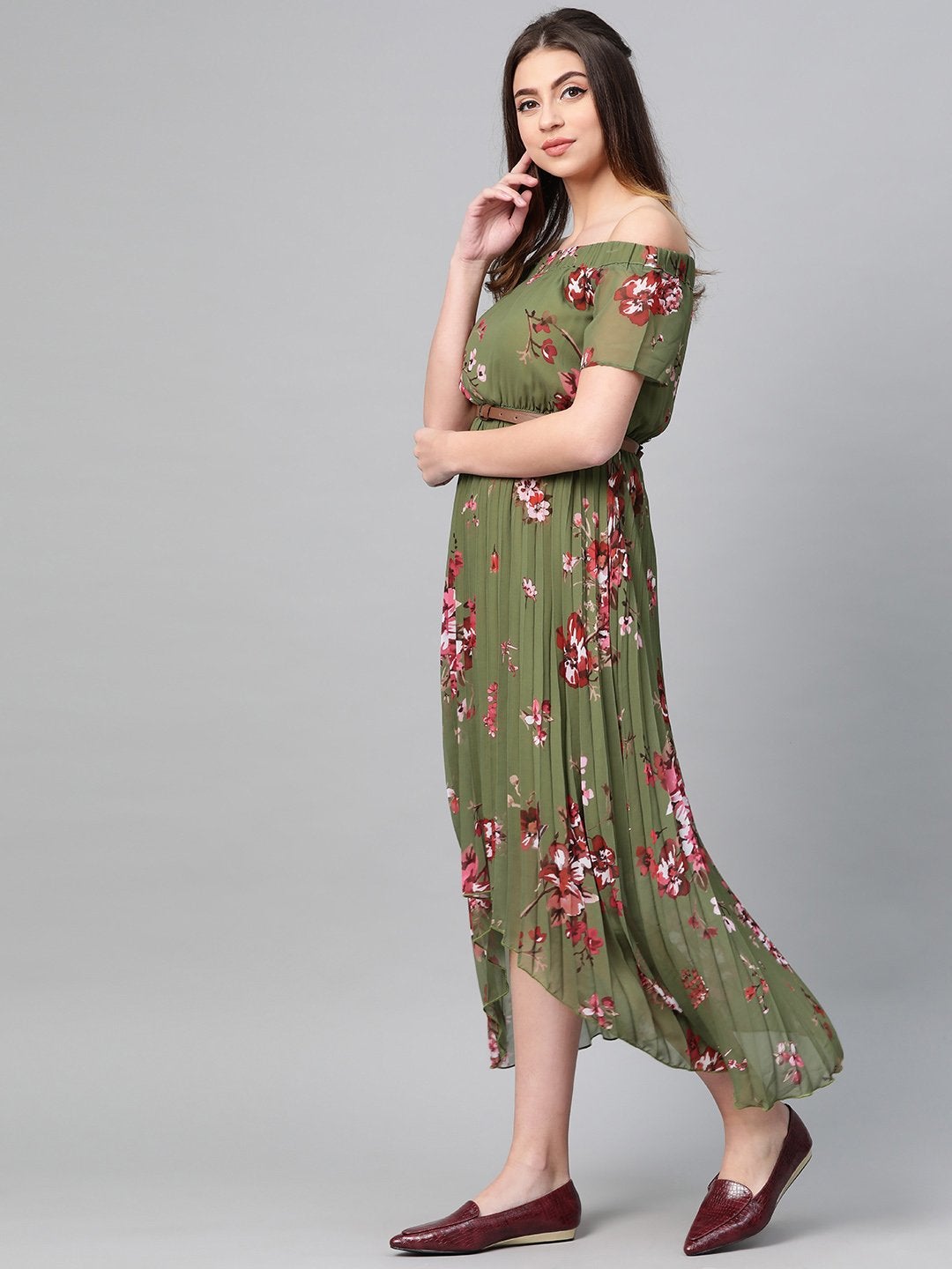 Women's Olive Floral Off Shoulder High Low Pleated Dress - SASSAFRAS