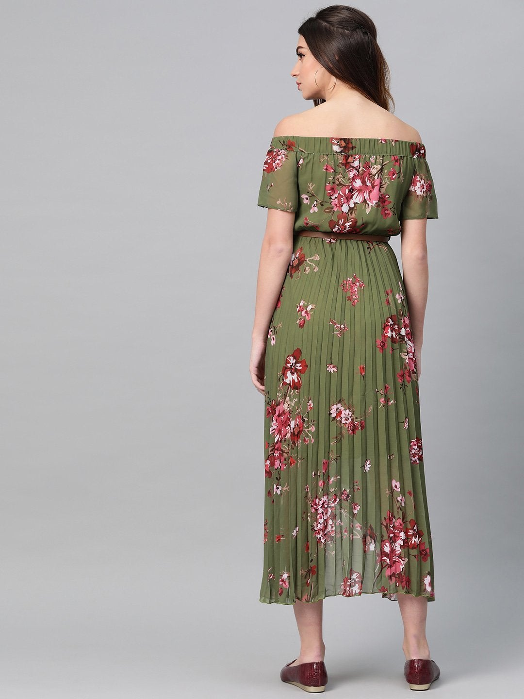 Women's Olive Floral Off Shoulder High Low Pleated Dress - SASSAFRAS