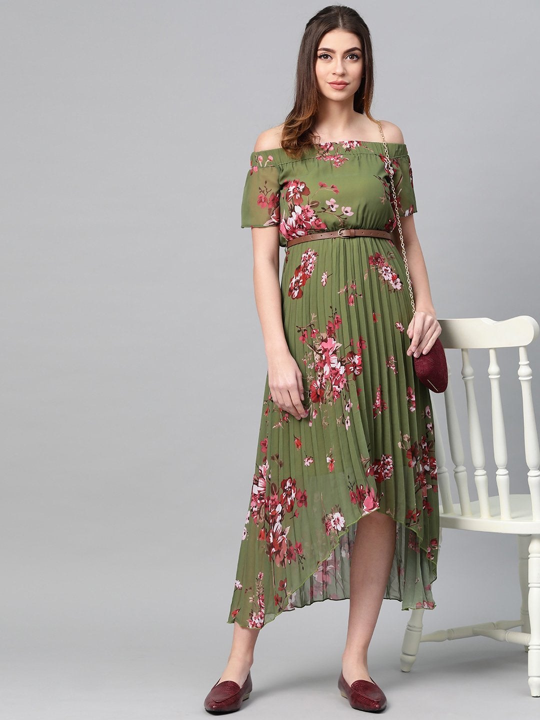 Women's Olive Floral Off Shoulder High Low Pleated Dress - SASSAFRAS