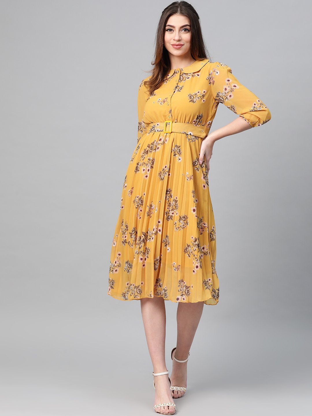 Women's Mustard Floral Peterpan Collar Pleated Dress - SASSAFRAS