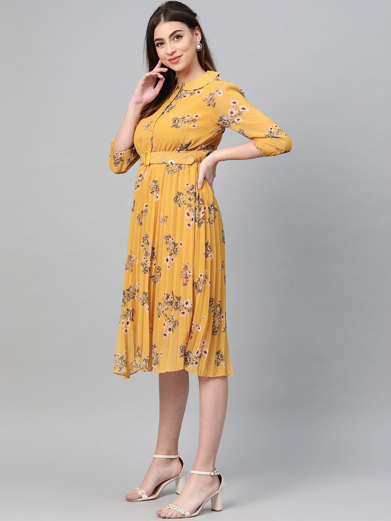Women's Mustard Floral Peterpan Collar Pleated Dress