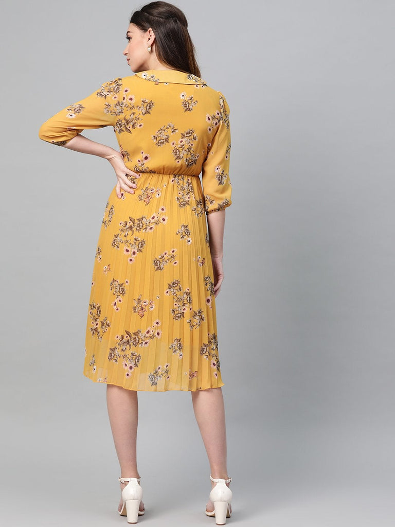 Women's Mustard Floral Peterpan Collar Pleated Dress