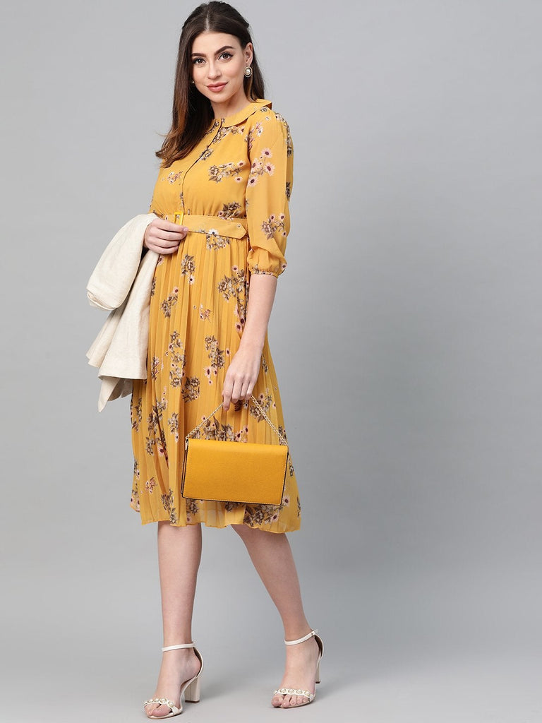 Women's Mustard Floral Peterpan Collar Pleated Dress