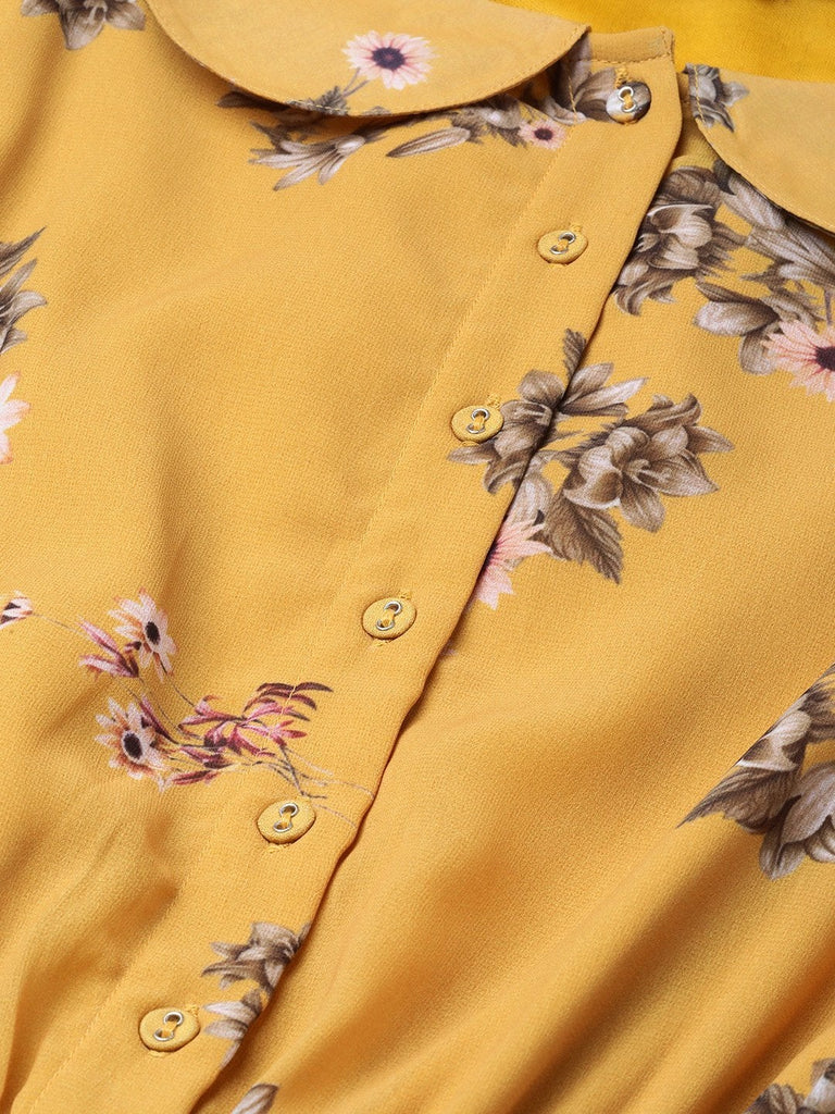 Women's Mustard Floral Peterpan Collar Pleated Dress