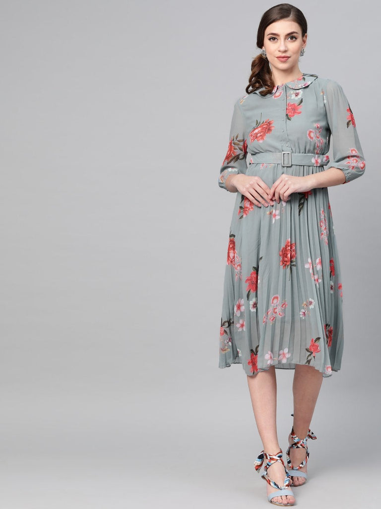 Women's Steel Blue Floral Peterpan Collar Pleated Dress