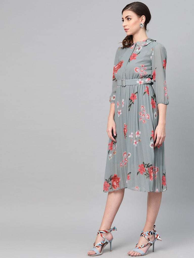 Women's Steel Blue Floral Peterpan Collar Pleated Dress