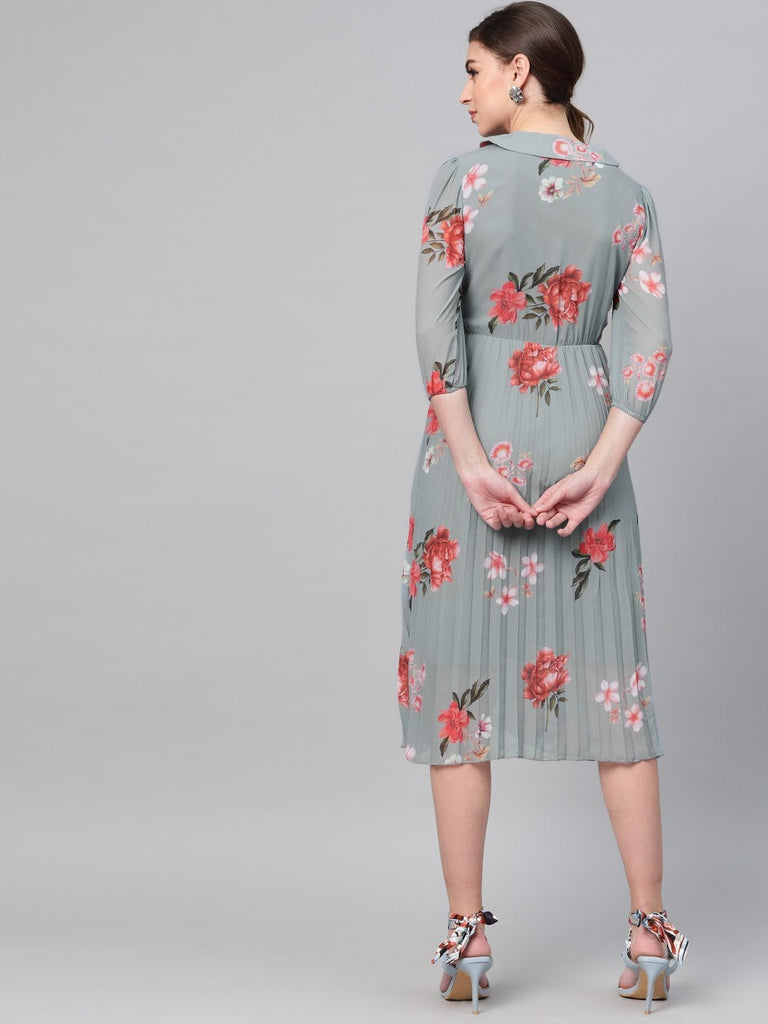 Women's Steel Blue Floral Peterpan Collar Pleated Dress