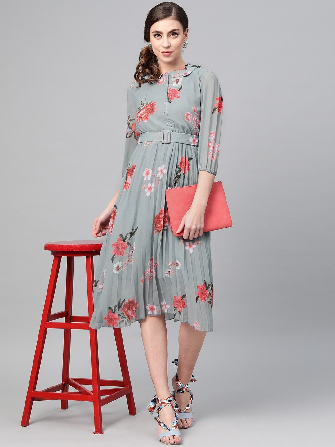 Women's Steel Blue Floral Peterpan Collar Pleated Dress - SASSAFRAS