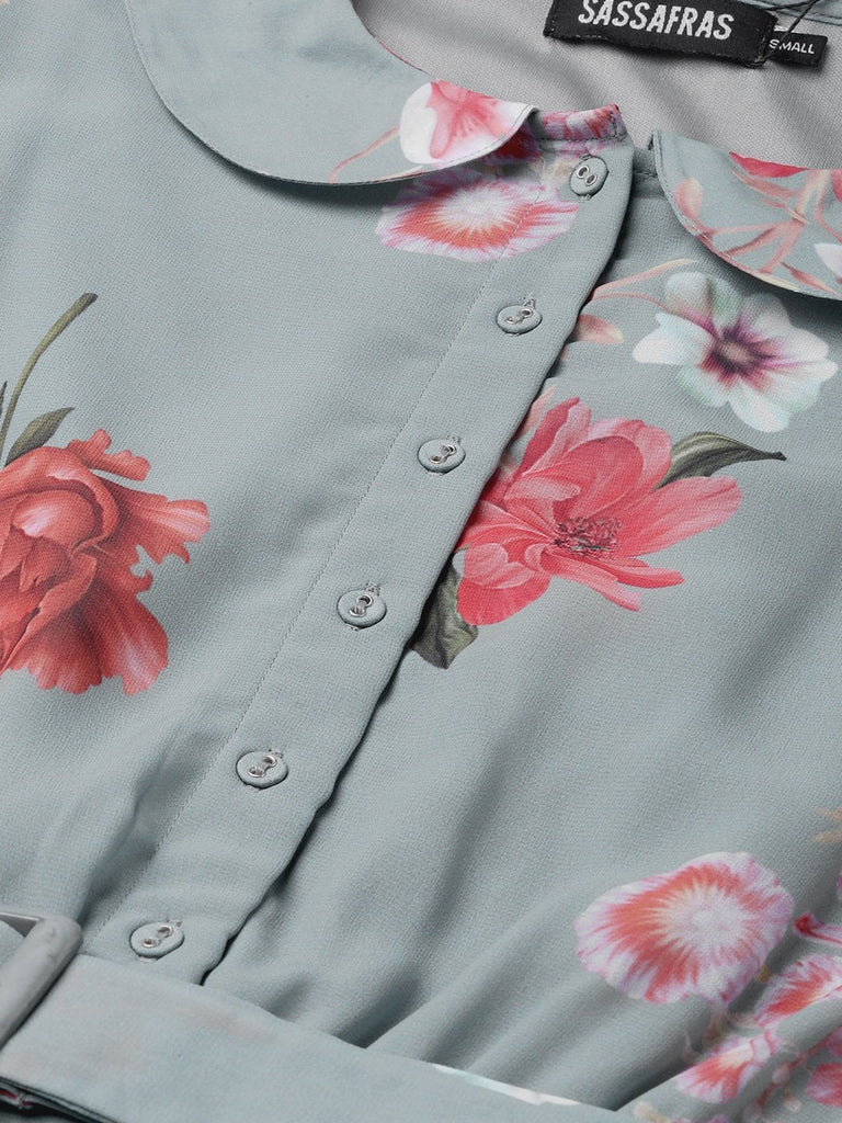Women's Steel Blue Floral Peterpan Collar Pleated Dress