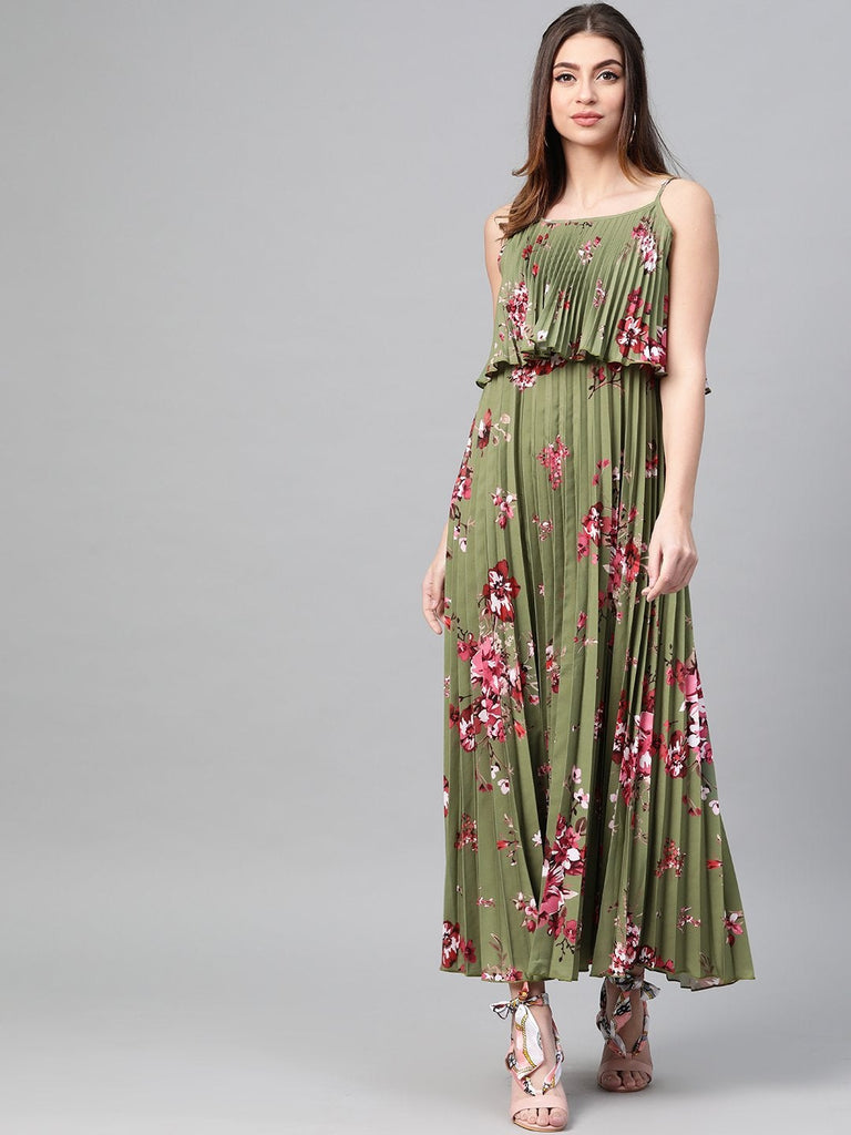 Women's Olive Floral Strappy Pleated Maxi Dress