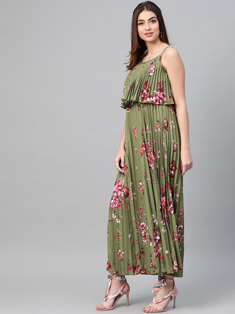 Women's Olive Floral Strappy Pleated Maxi Dress