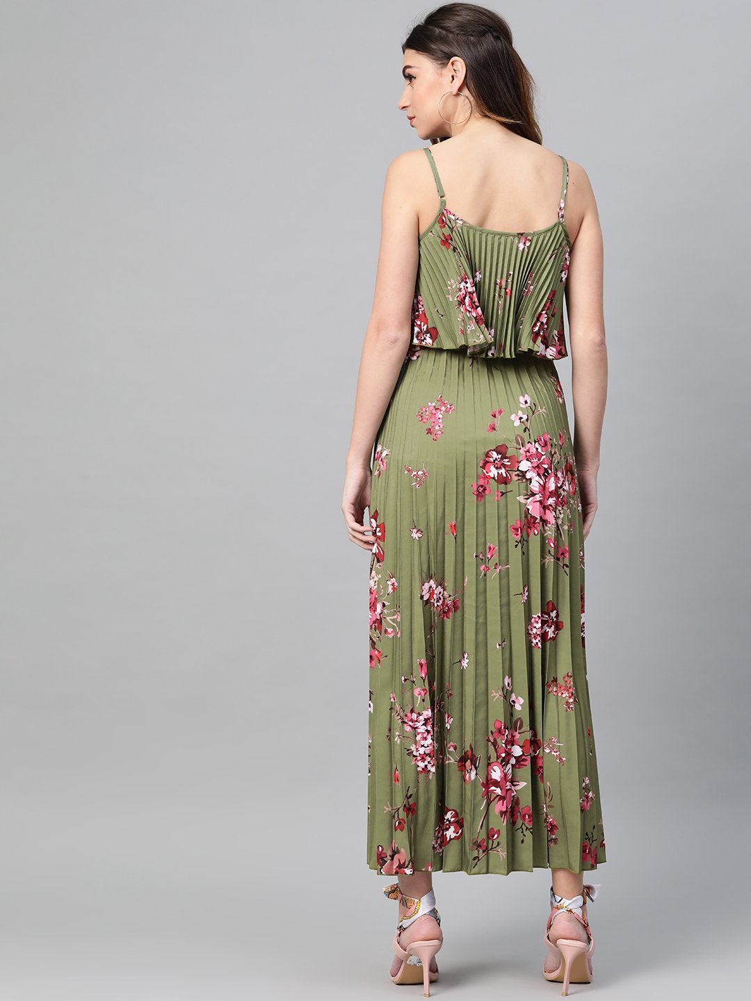 Women's Olive Floral Strappy Pleated Maxi Dress - SASSAFRAS