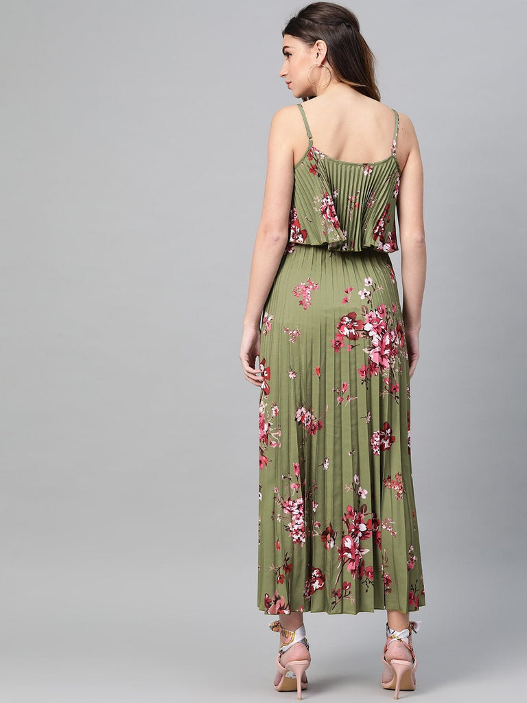 Women's Olive Floral Strappy Pleated Maxi Dress