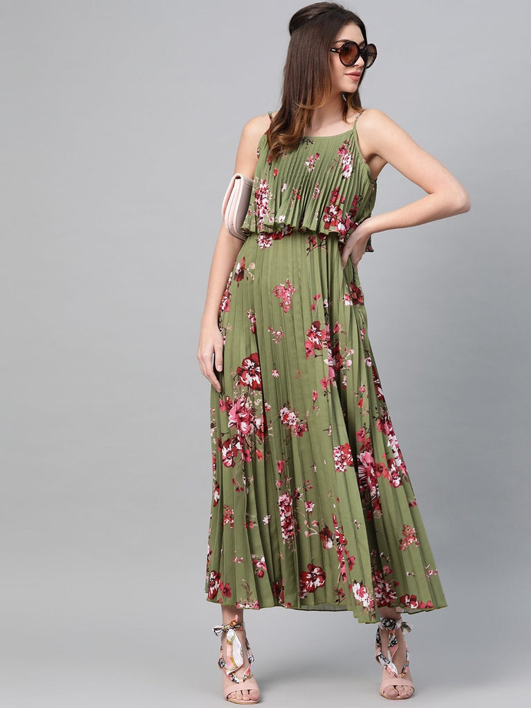 Women's Olive Floral Strappy Pleated Maxi Dress