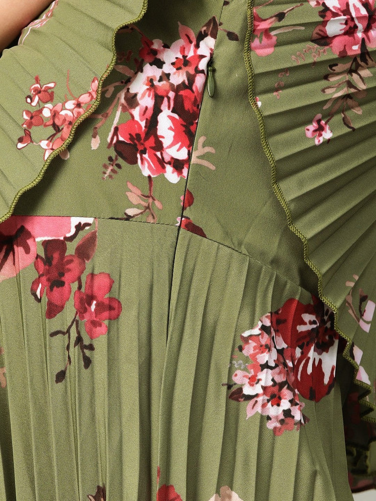 Women's Olive Floral Strappy Pleated Maxi Dress