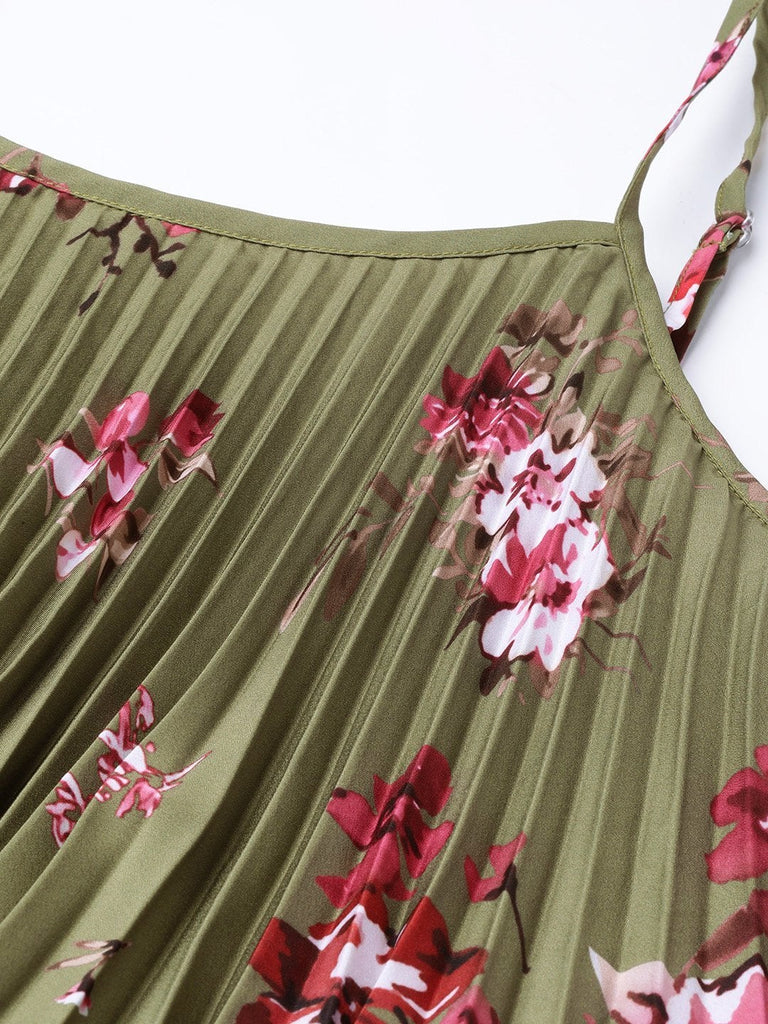 Women's Olive Floral Strappy Pleated Maxi Dress