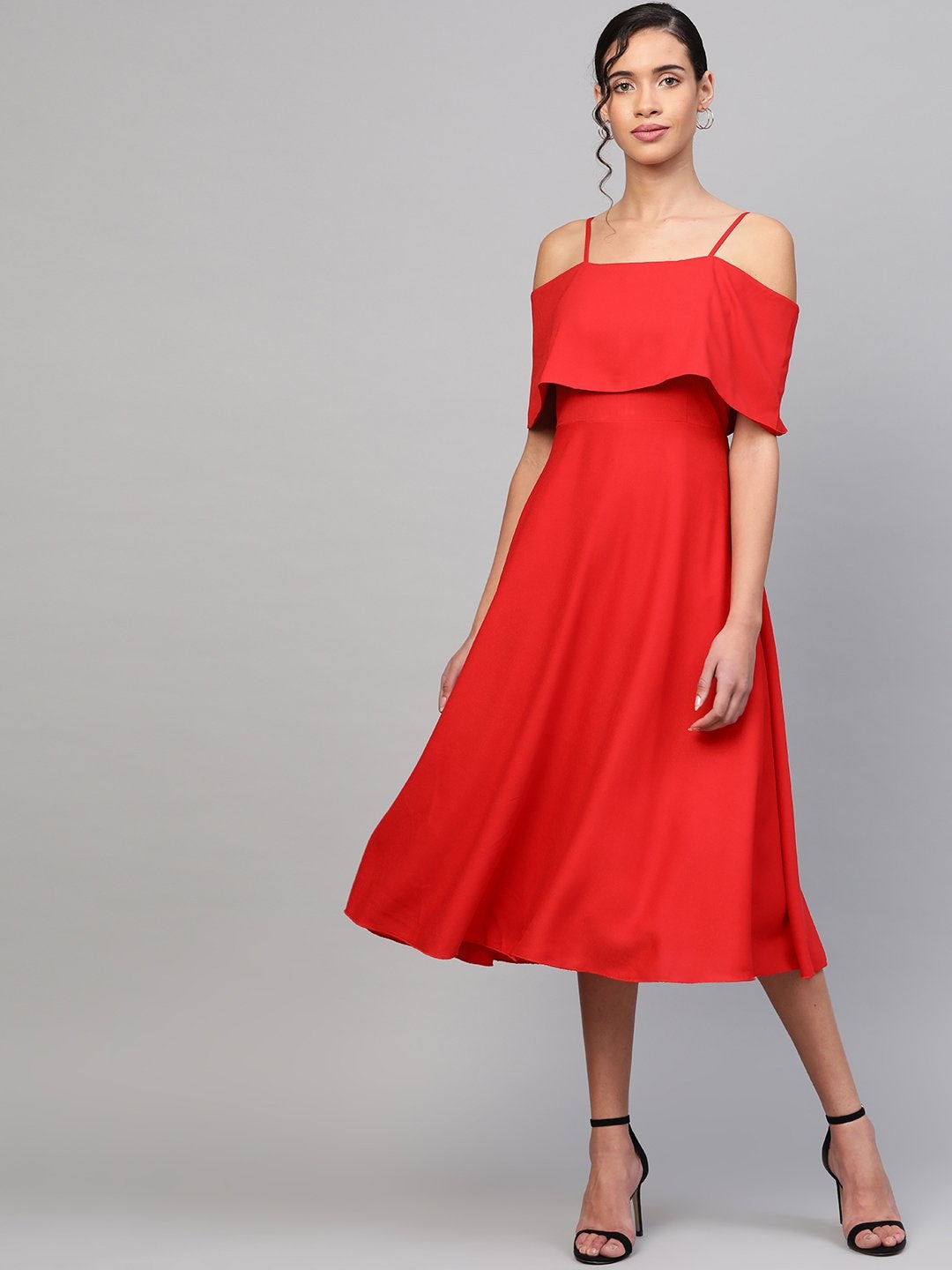 Women's Red Cold Shoulder Strappy Midi Dress - SASSAFRAS