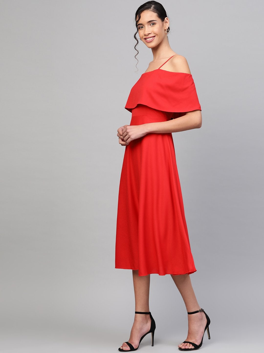 Women's Red Cold Shoulder Strappy Midi Dress - SASSAFRAS