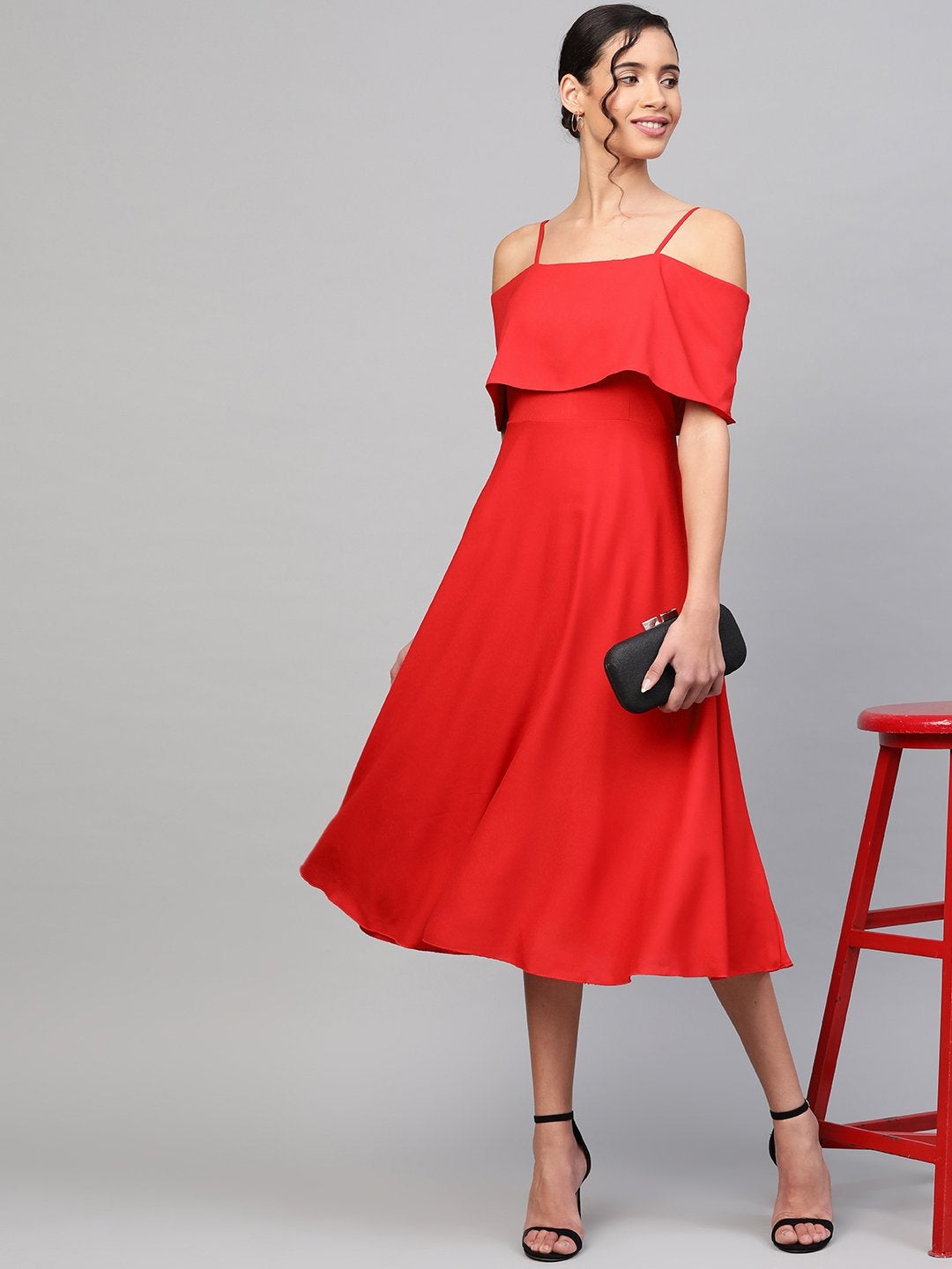 Women's Red Cold Shoulder Strappy Midi Dress - SASSAFRAS