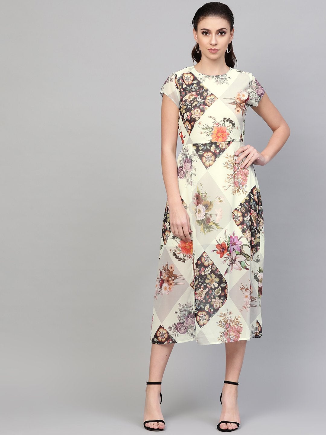 Women's Cream And Black Floral Back Cut Out Dress - SASSAFRAS